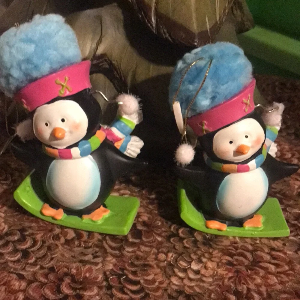 Set of 2 Snowboarding Penguin Ornaments